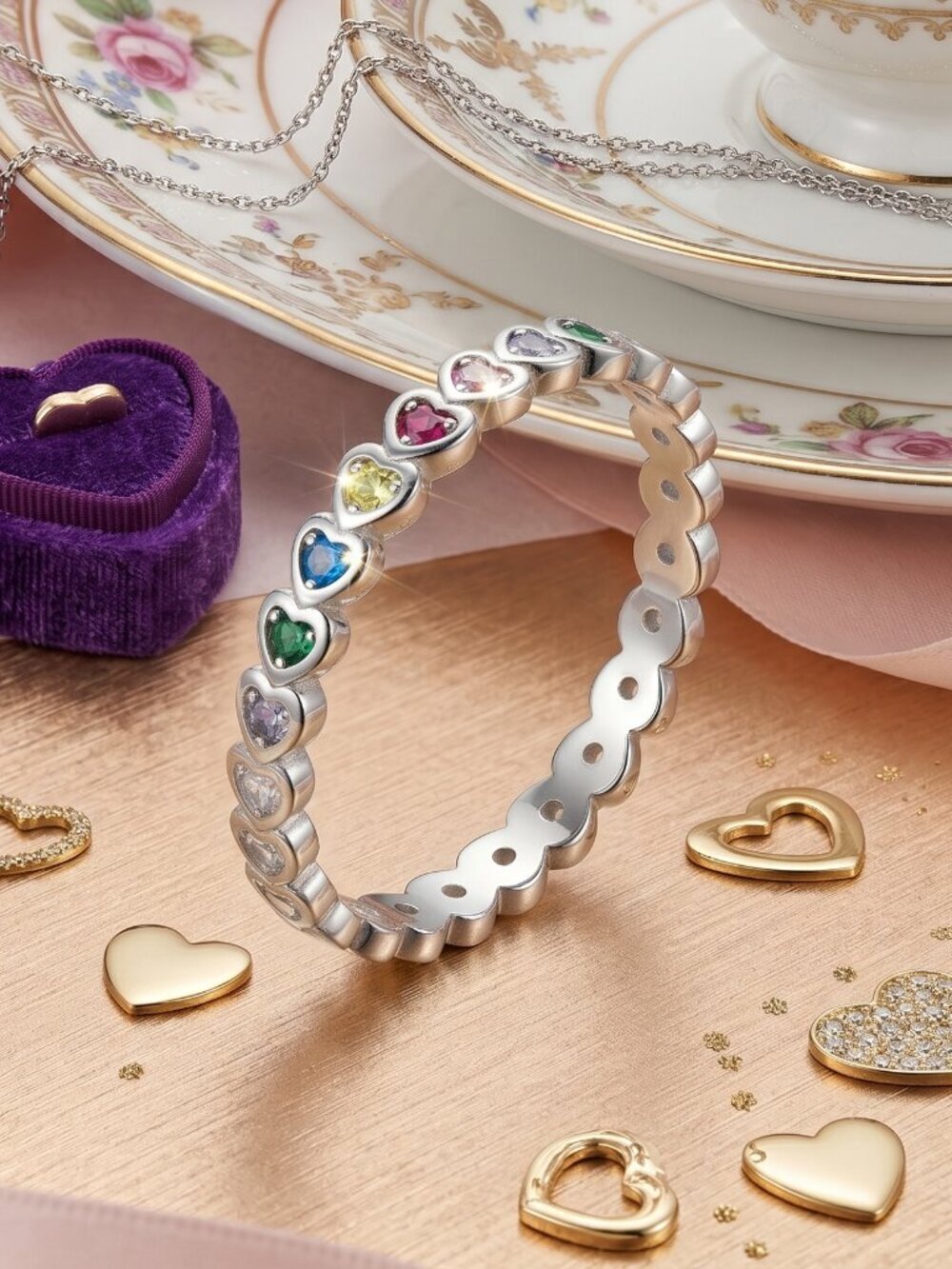 Rainbow Heart CZ Eternity Band Ring Y2K Coquette S925 Sterling Silver Sz 7.5